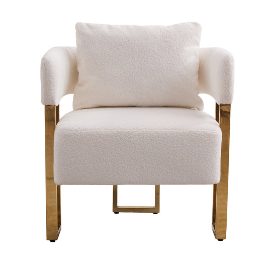 White Bouclé Steel Frame Accent Chair with Gold Legs - primary color shot