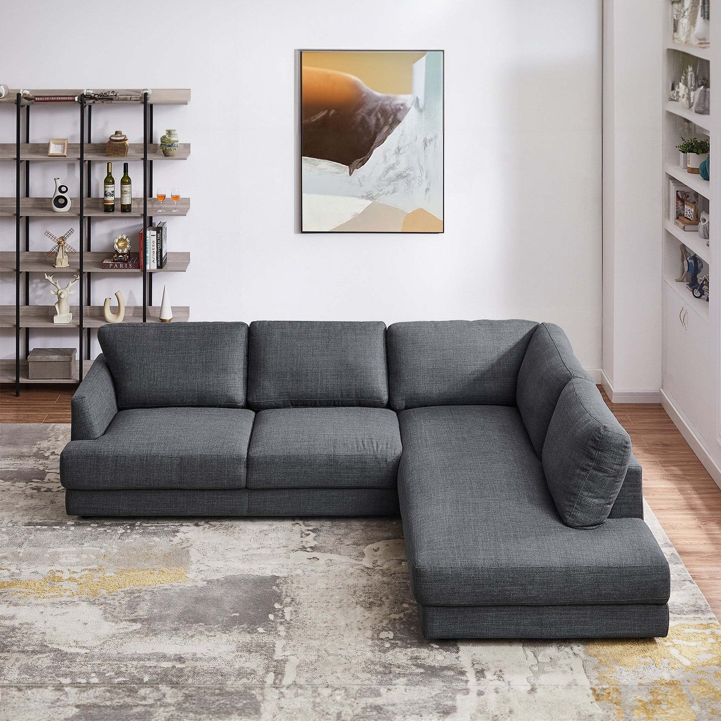 Glander Cozy Sectional Sofa Right Facing in Grey Linen with Solid Wood Frame and Fiber Legs, 89x108 inches - detail view 8