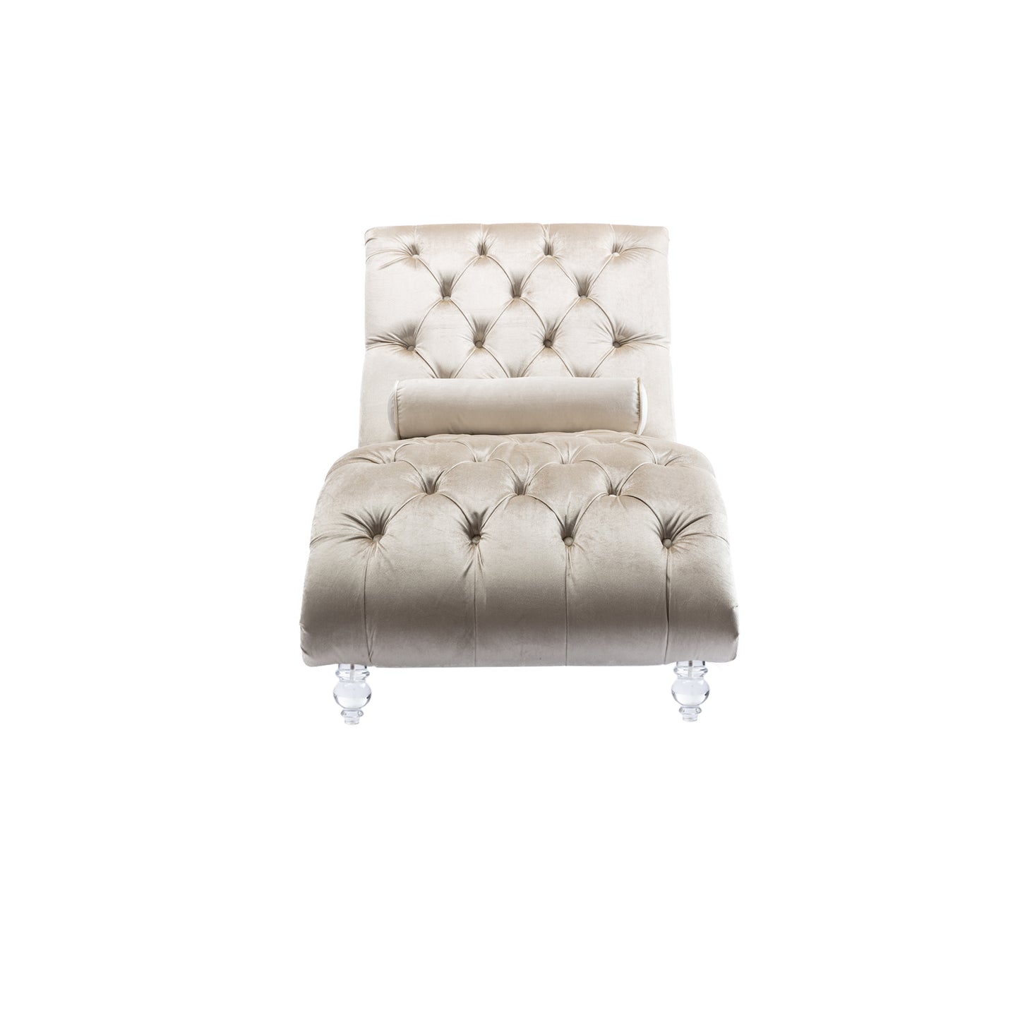 Beige Velvet Tufted Chaise Lounge with Wood Legs - detail view 8