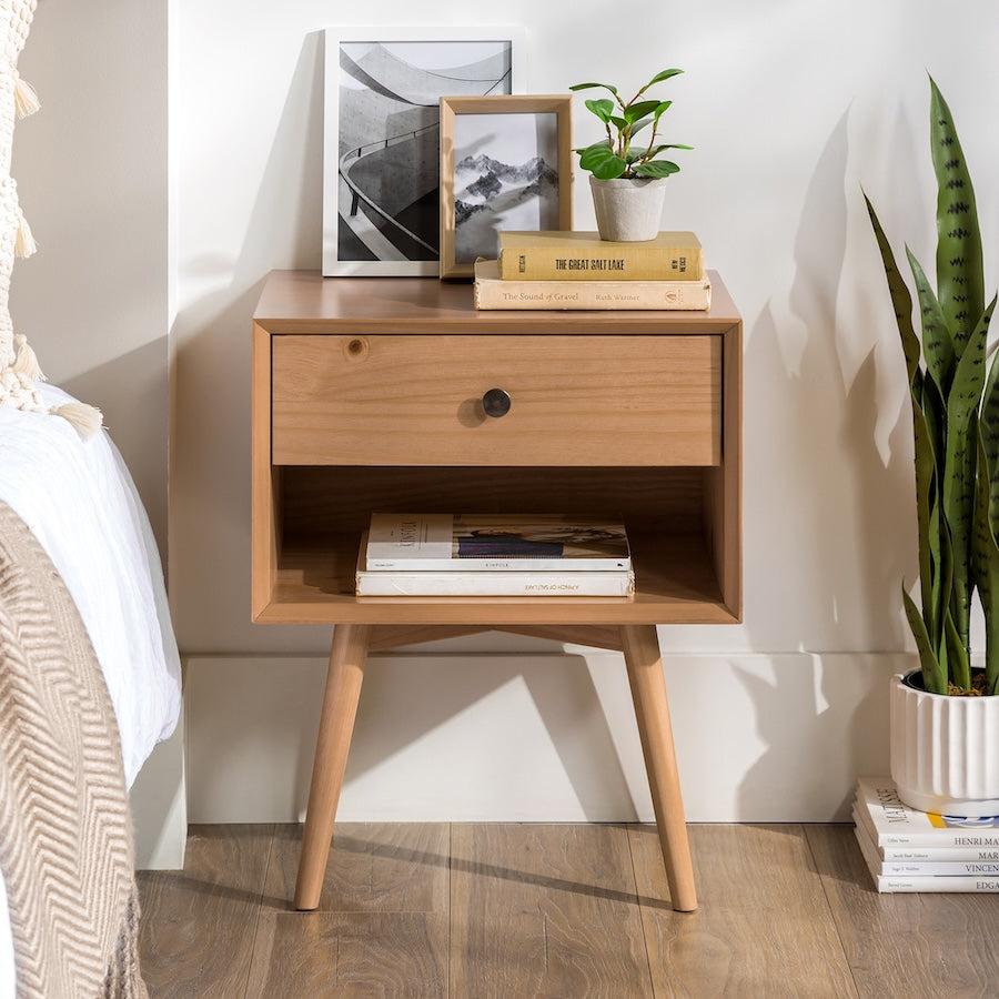 Zenova Mid-Century Modern 1-Drawer Nightstand - Natural Pine