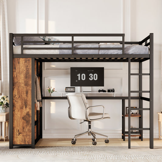 Queen Size Loft Bed Frame with Built-in Wardrobe - detail view 2