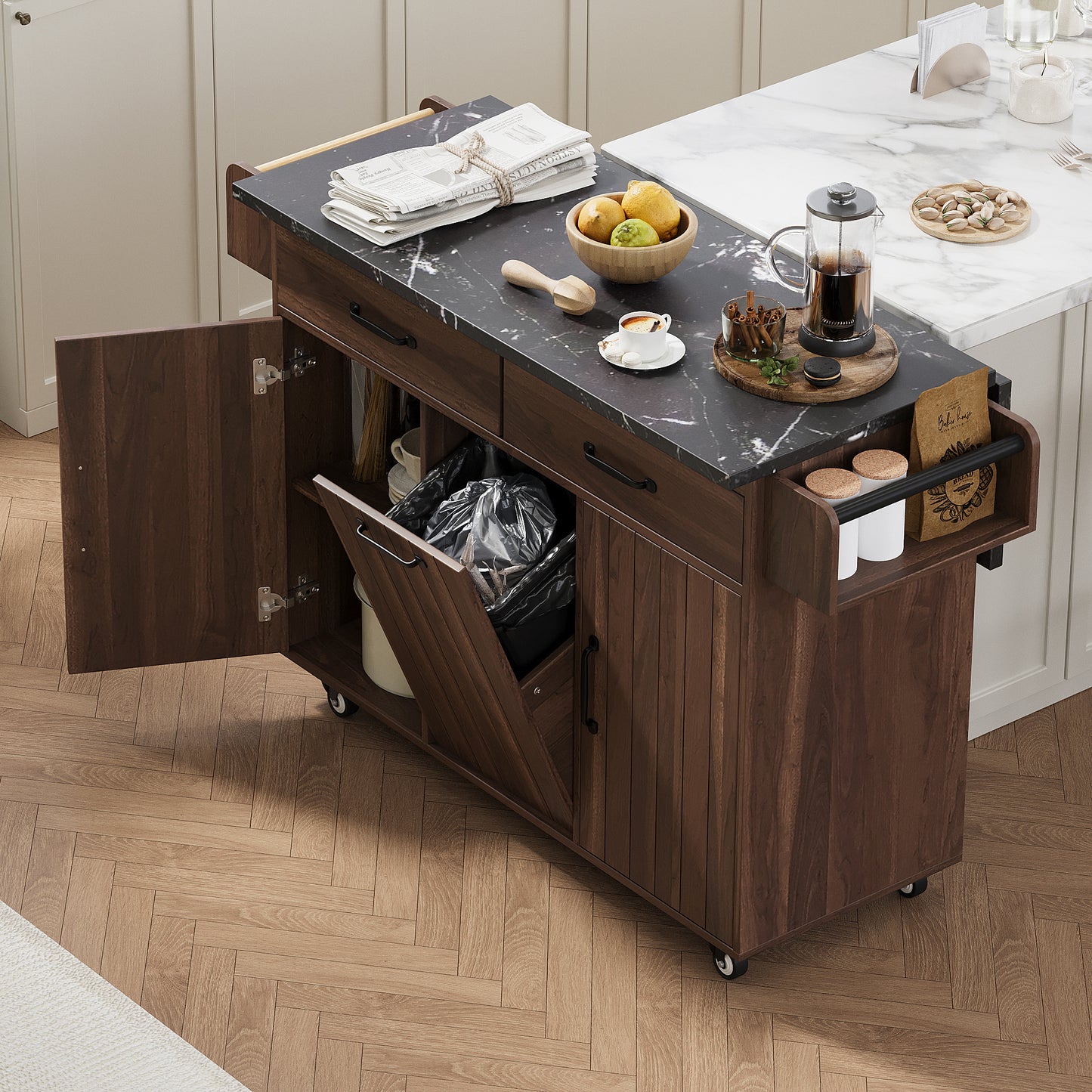K&k Kitchen Island with Trash Can Storage Cabinet - Walnut & Brown - primary color shot
