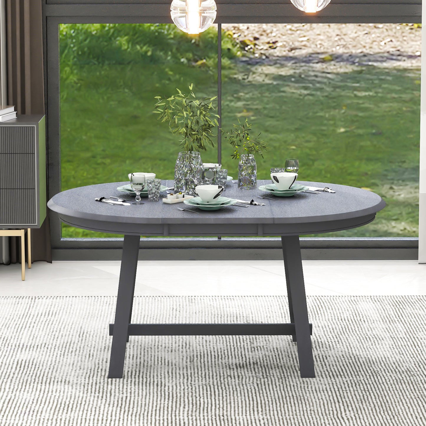 TREXM Wood Dining Table Round Extendable Dining Table for Dining Room (gray) - detail view 8