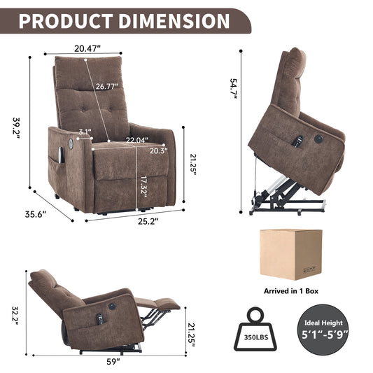Brown Chenille Single Motor Power Lift Recliner Chair with Massage and Heat for Elderly - detail view 2