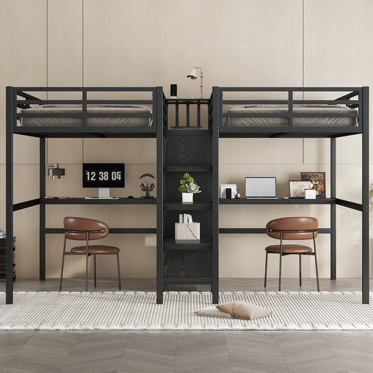 Twin over Twin Metal Loft Bed with Double Desk and Wardrobe and Shelves with Electrical Outlet for Space Saving and Noise Reduction - detail view 2