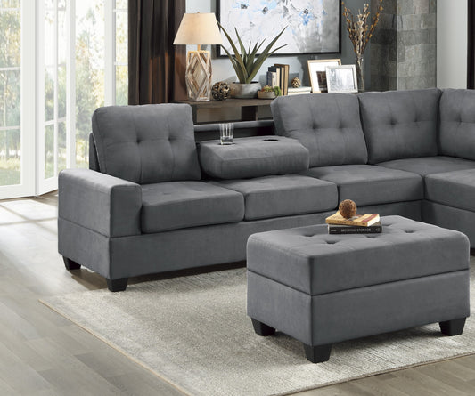 Modern Living Room 3-Piece Sectional Reversible Sofa Chaise Storage Ottoman Tufted Detail Dark Gray Microfiber Upholstered Drop-Down Cup-holder Solid Wood Frame Furniture - detail view 2