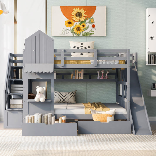 Full-Over-Full Castle Style Bunk Bed with 2 Drawers 3 Shelves and Slide - Gray - detail view 2