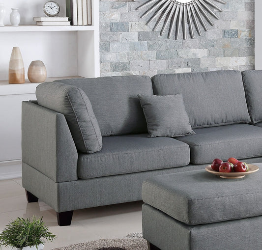 Grey Color 3pcs Sectional Living Room Furniture Reversible Chaise Sofa And Ottoman Polyfiber Linen Like Fabric Cushion Couch - detail view 2