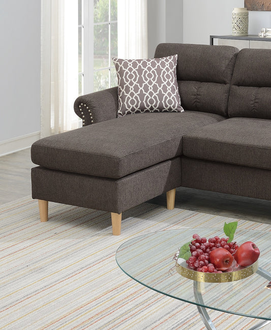 Tan Color Polyfiber Reversible Sectional Sofa Set Chaise Pillows Plush Cushion Couch Nailheads - detail view 2