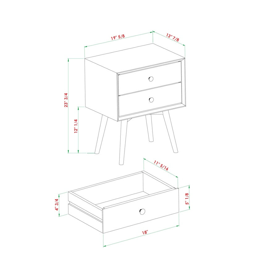 Zenova Mid-Century Modern 2-Drawer Nightstand - Caramel