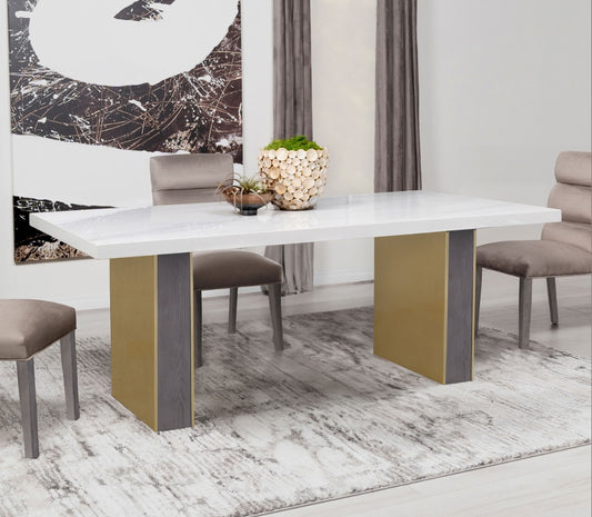 Carla Rectangular Dining Table With Cultured Carrara Marble Top White And Gold