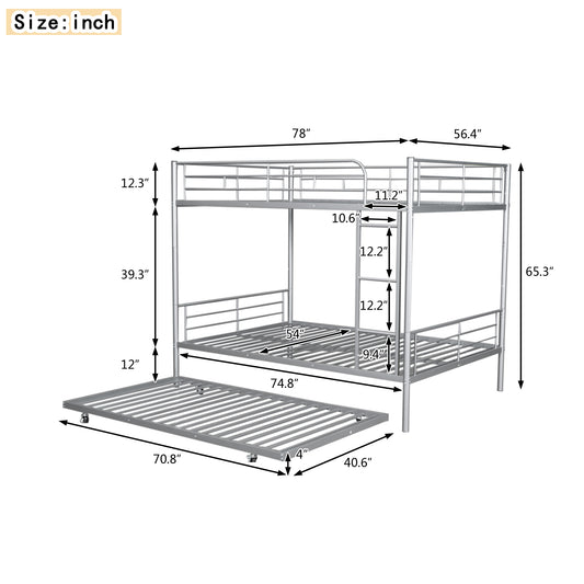 Delano Full Over Full Metal Bunk Bed with Trundle, Silver