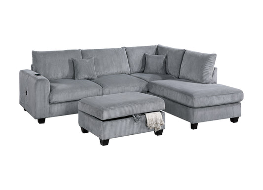 Contemporary 3pc Sectional Set Fog Color Corduroy Couch LAF Sofa RAF Chaise Ottoman L-Sectional Living Room - detail view 2