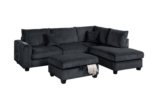 Modern Style 3pc Sectional Set USB Port Storage Ottoman Right Arm Chaise Left Arm Sofa Black Finish Primary Living Room - detail view 2