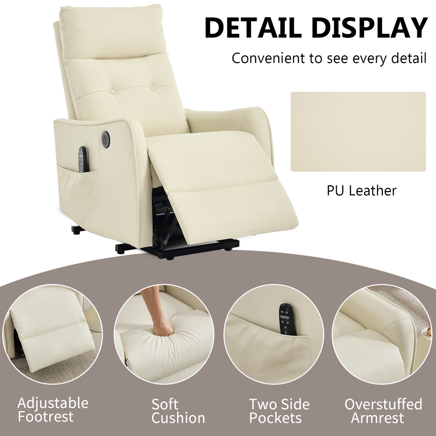 Beige PU Single Motor Power Lift Recliner Chair with Massage and Heat for Elderly - detail view 8