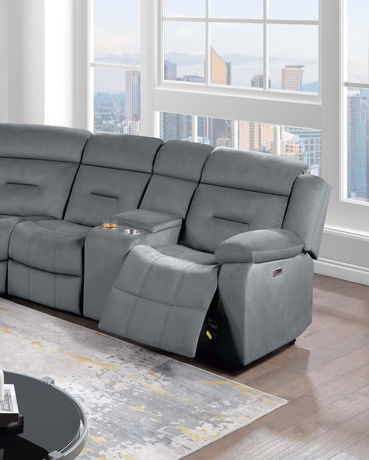Contemporary Style Power Reclining Sectional Set Two Console Cup Holder Power Motion Dark Gray Finish Primary Living Room - detail view 2