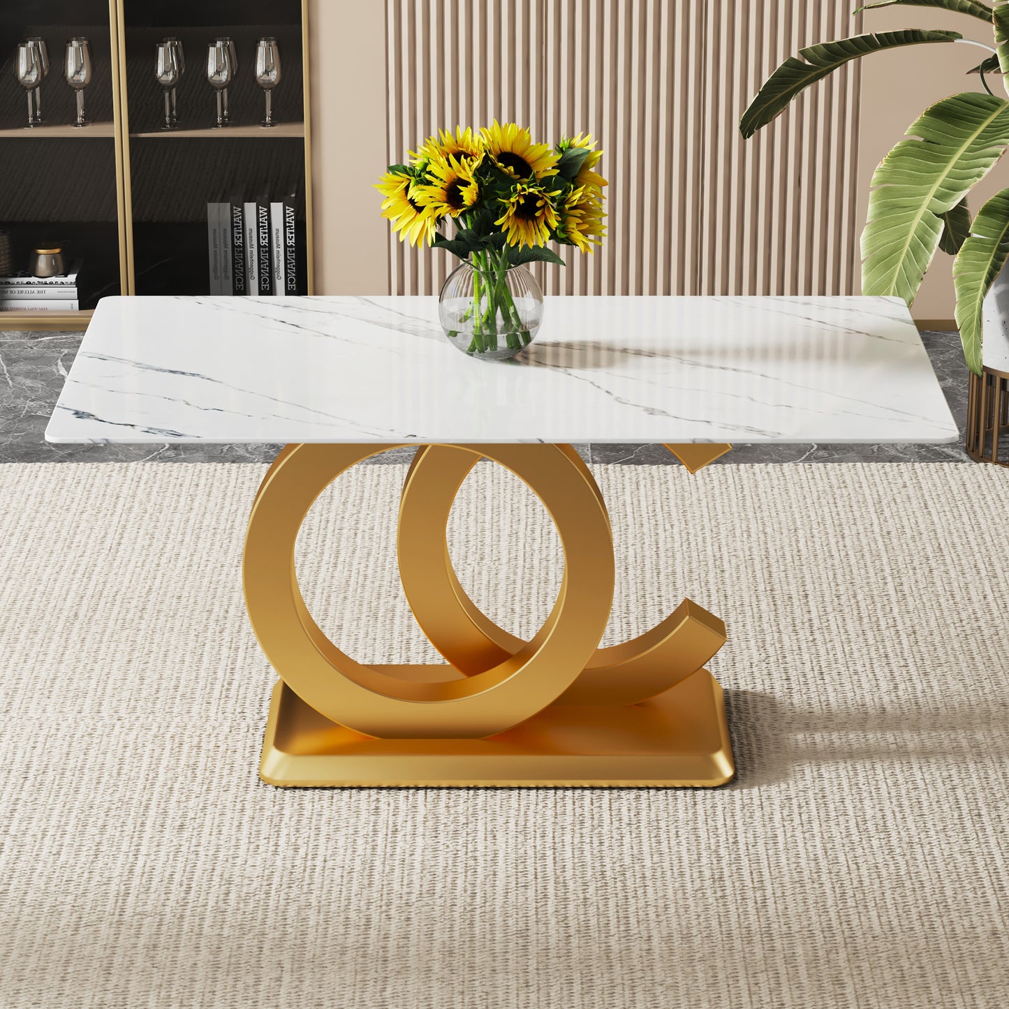 A Large Modern Minimalist Rectangular Dining Table Suitable for 6-8 People - White & Gold - primary color shot