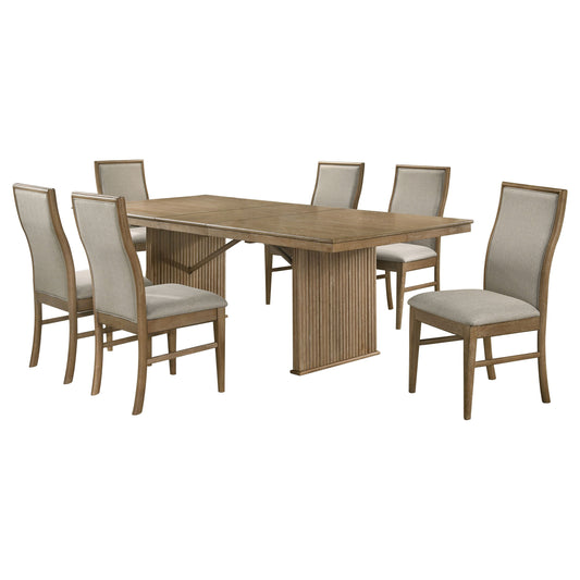 Adina 8-Piece Extendable Dining Set with Reeded Base, Upholstered Chairs & Sideboard – Distressed Light Brown