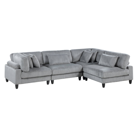 Living Room Furniture 4-Piece Modular Sectional Sofa Set Gray Corduroy Soft Cushion Pillows Solid Wood Legs - detail view 2