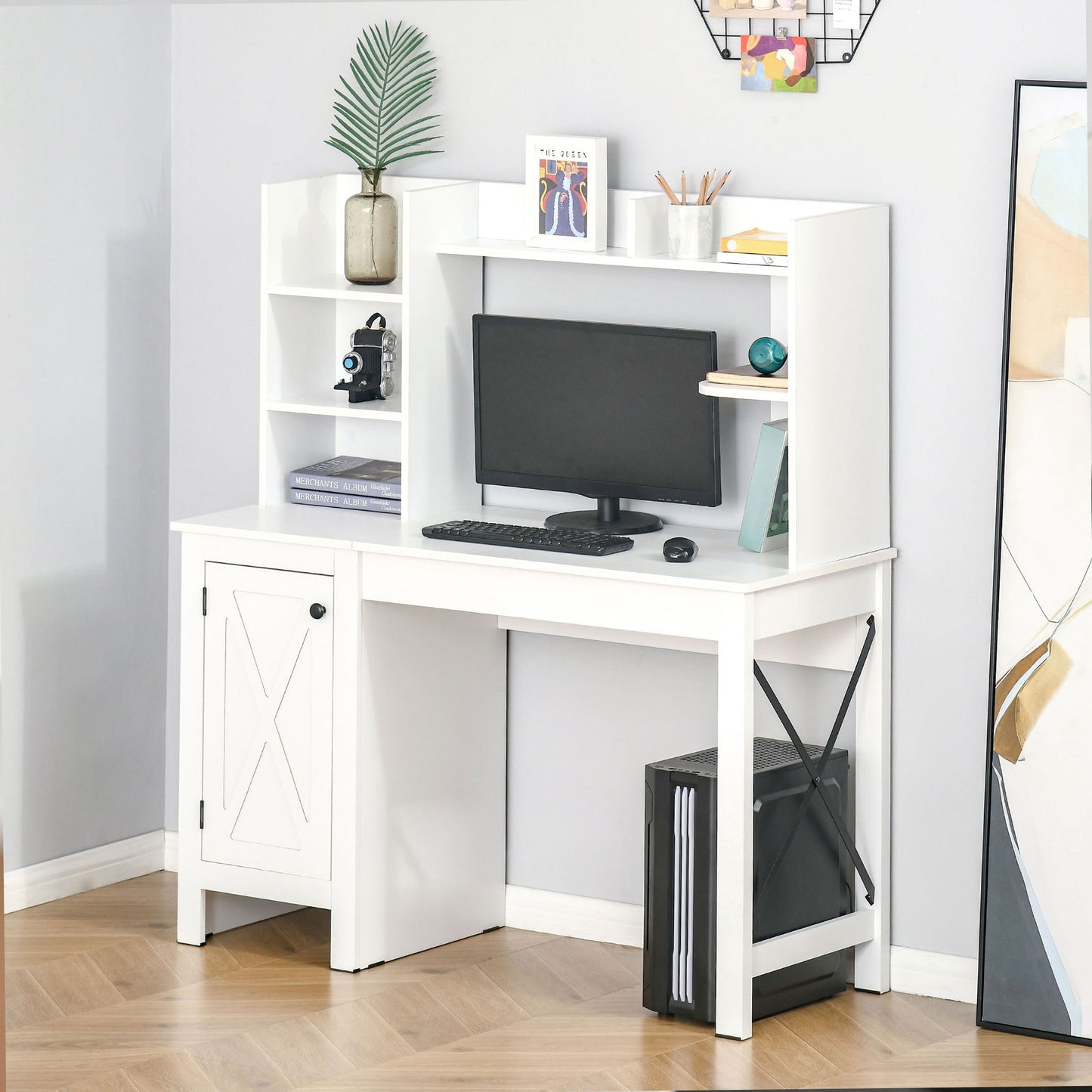 Tova Farmhouse Computer Desk with Hutch and Cabinet,White