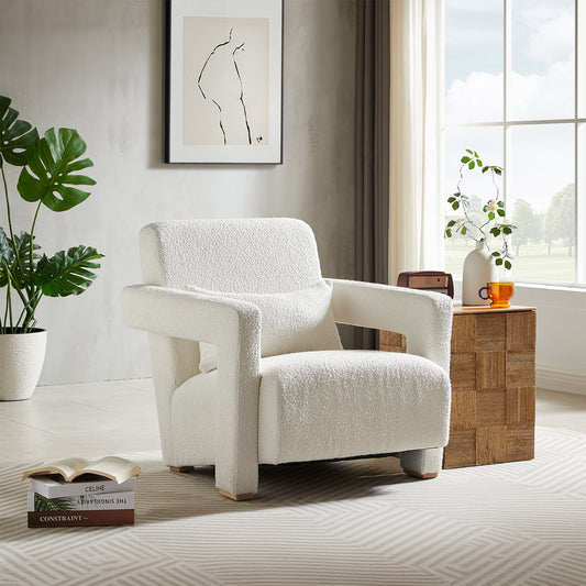 Axel Mid-Century Modern Boucle Arm Chair with Lumbar Pillow, White