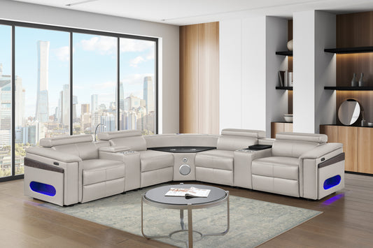 Nova Modern Style Sectional with 2 Consoles (Reading Light + Fridge), Wedge with Bluetooth speaker, LED and Lifting wine cabinet- Gray - detail view 2