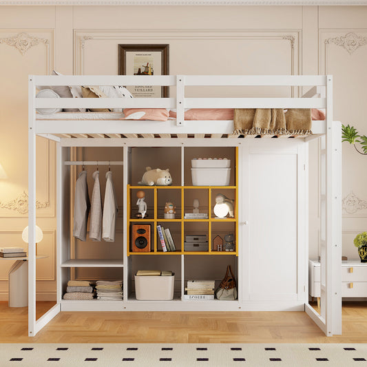 Full Size Wood Loft Bed with Wardrobe - Yellow+white - detail view 2