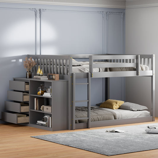 Stylish Full over Full Bunk Bed with 4 Drawers and 3 Shelves - Gray - detail view 2