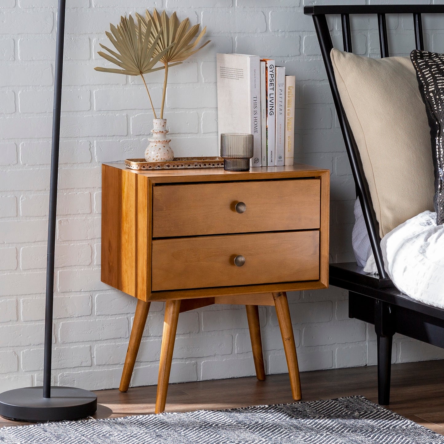 Zenova Mid-Century Modern 2-Drawer Nightstand - Caramel