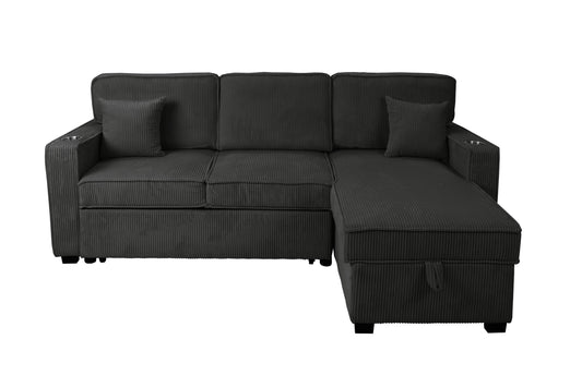 Contemporary Style Convertible Sectional Cup Holder USB And USB-C Port Storage Chaise Matching Pillows Pull Out Extension Black Finish Primary Living Room - detail view 2