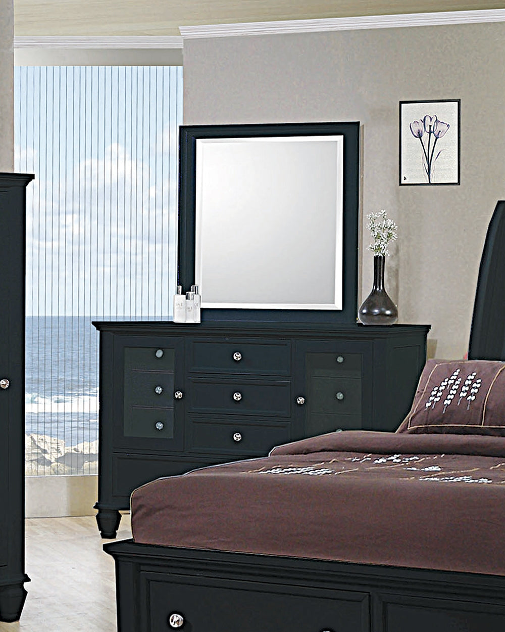 Sandy Beach Deep Black Finish Cottage Style King Bedroom Set