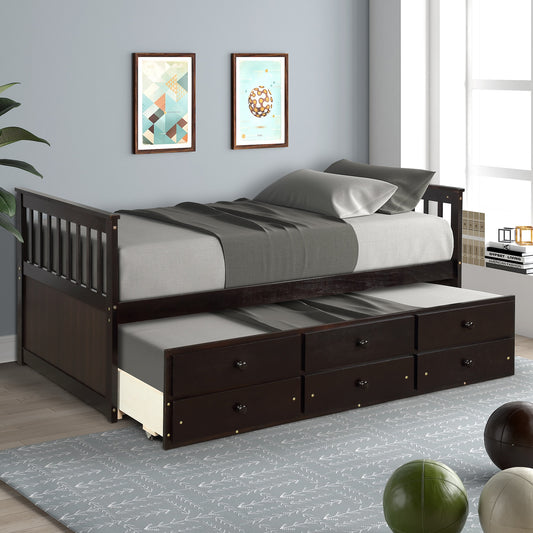 TOPMAX Twin Daybed with Trundle Bed and Storage Drawers, Espresso