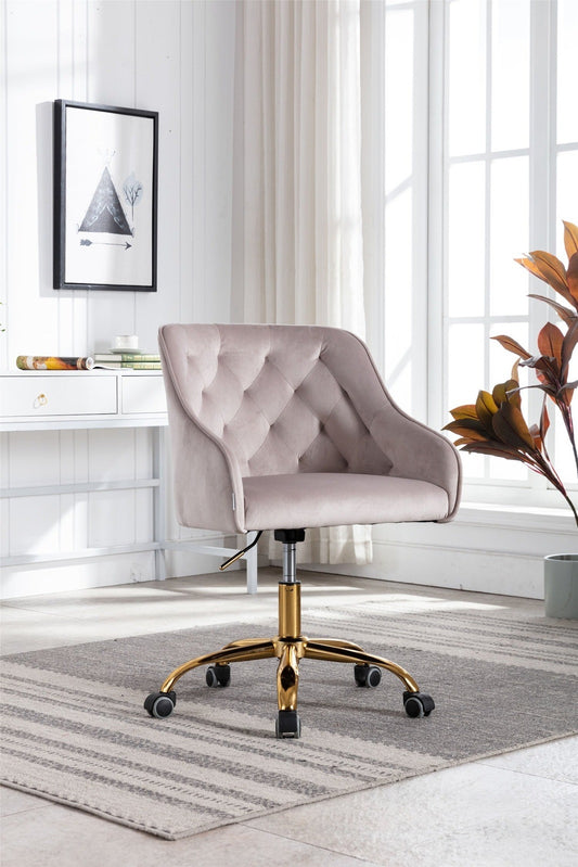 Zenitha Velvet Swivel Office Chair with Golden Base - Gray