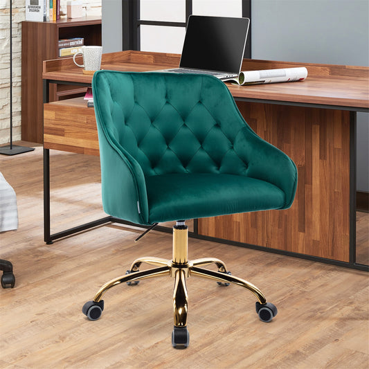 Zenitha Velvet Swivel Office Chair with Golden Base - Green