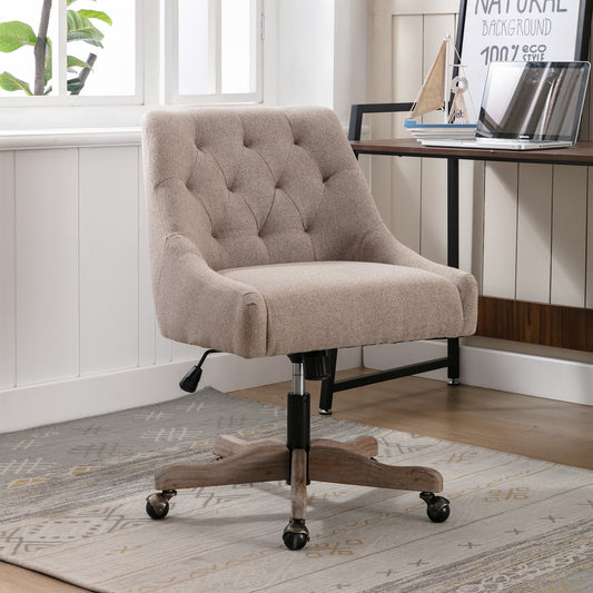 Rivendale Tufted Linen Office Chair with Wooden Base - Brown