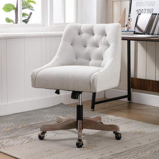 Rivendale Tufted Linen Office Chair with Wooden Base - Beige