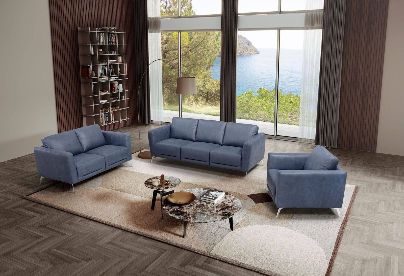 Astonic Blue Italian Leather Sofa with Silver Feet