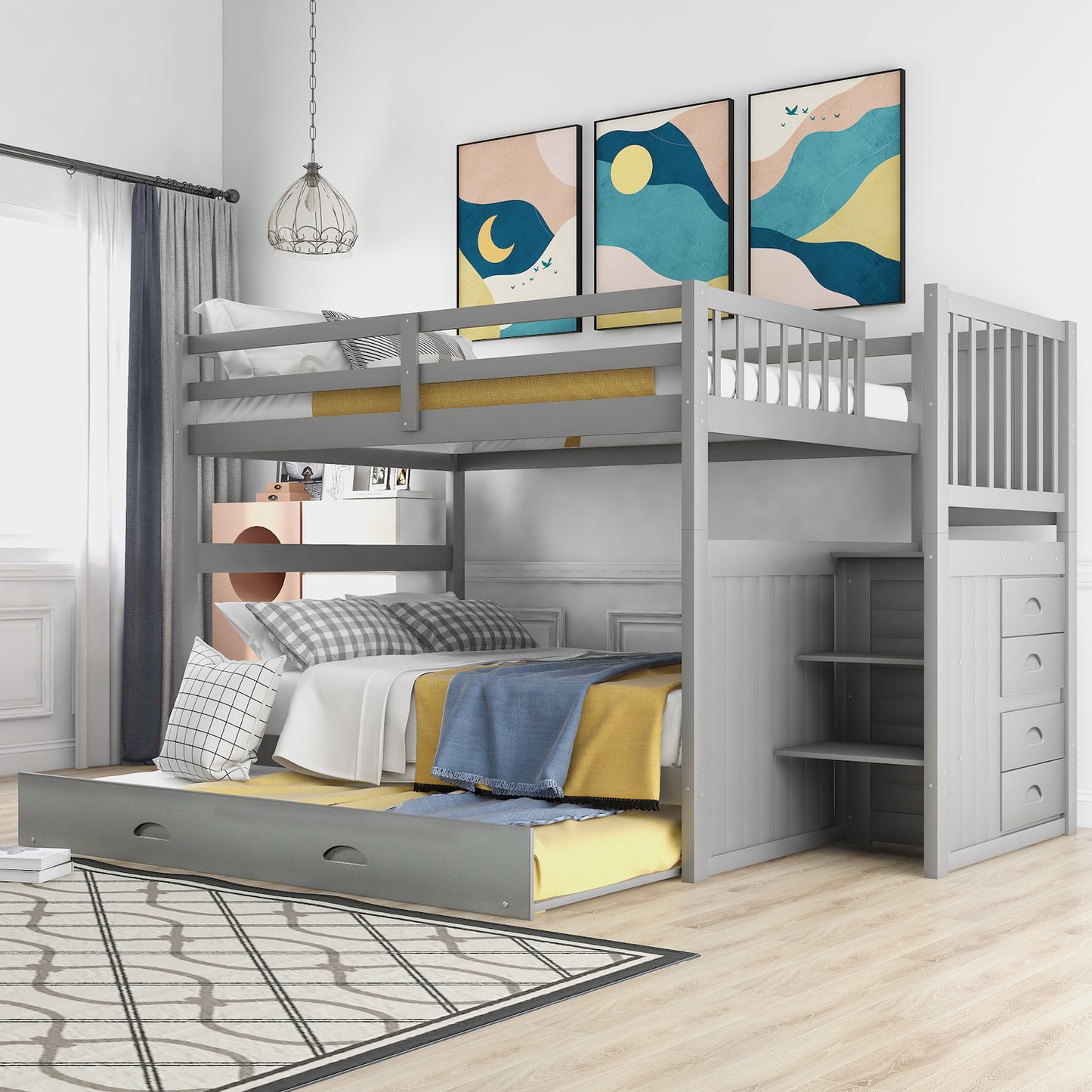 Lucky Full over Full Bunk Bed with Stairway & Trundle - Gray