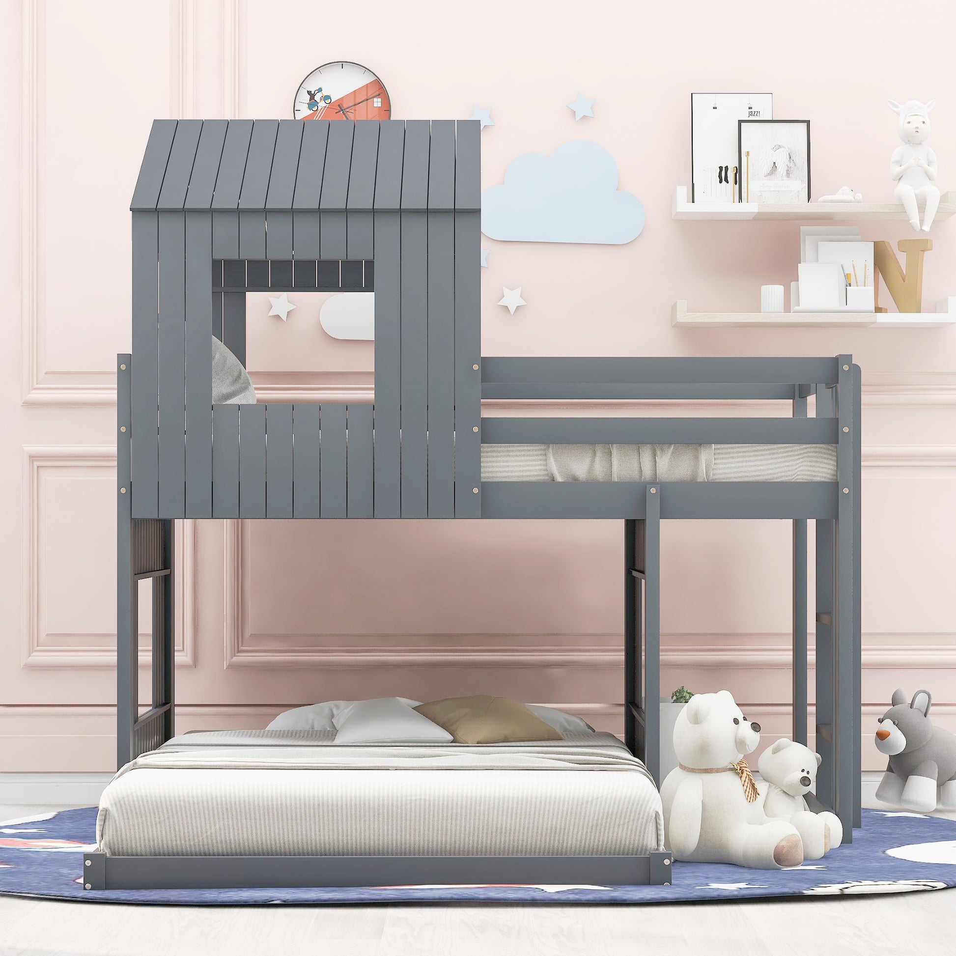 Lucky Furniture Playhouse Twin Over Full Wooden Bunk Bed - Gray