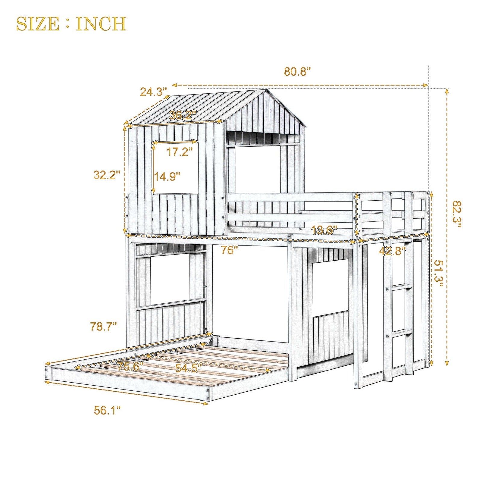 Lucky Furniture Playhouse Twin Over Full Wooden Bunk Bed - Gray
