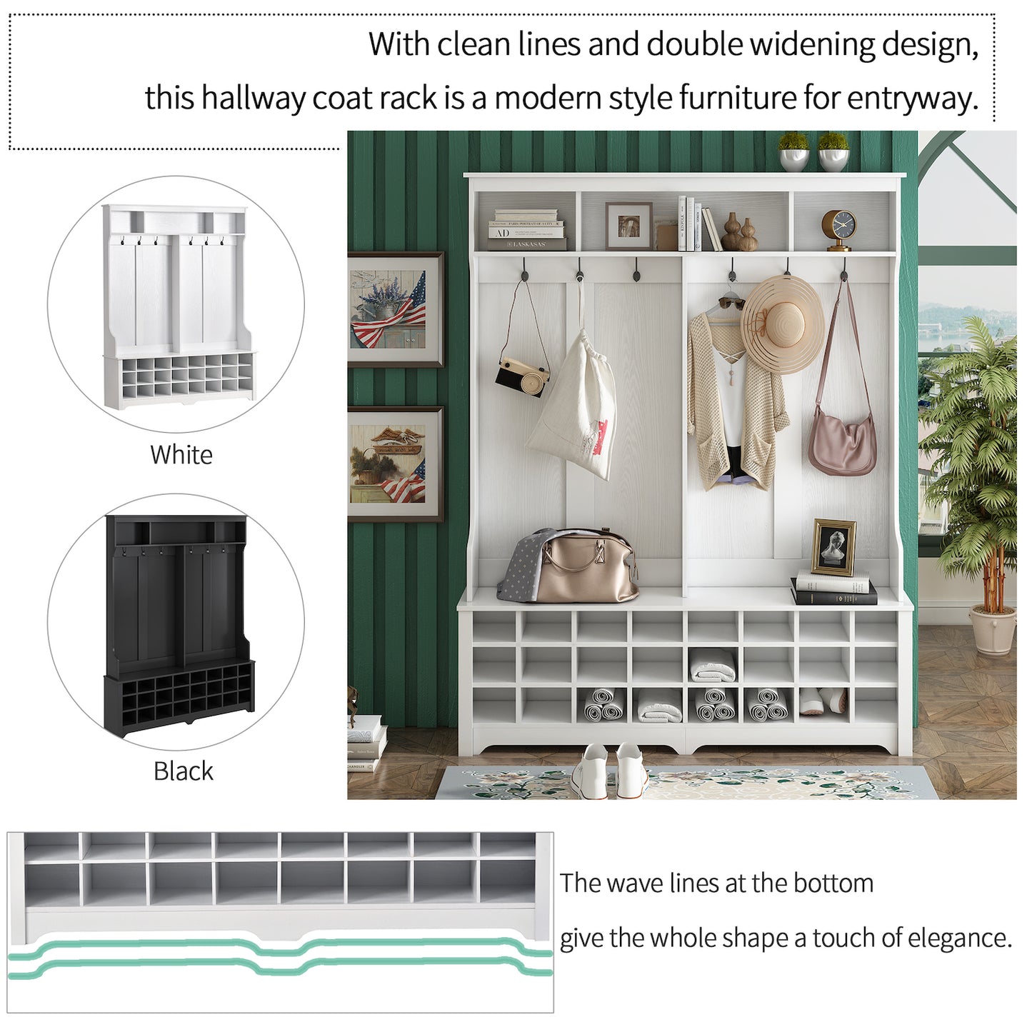 On-Trend Entryway Hall Tree with Coat Hooks & Cubbies - White