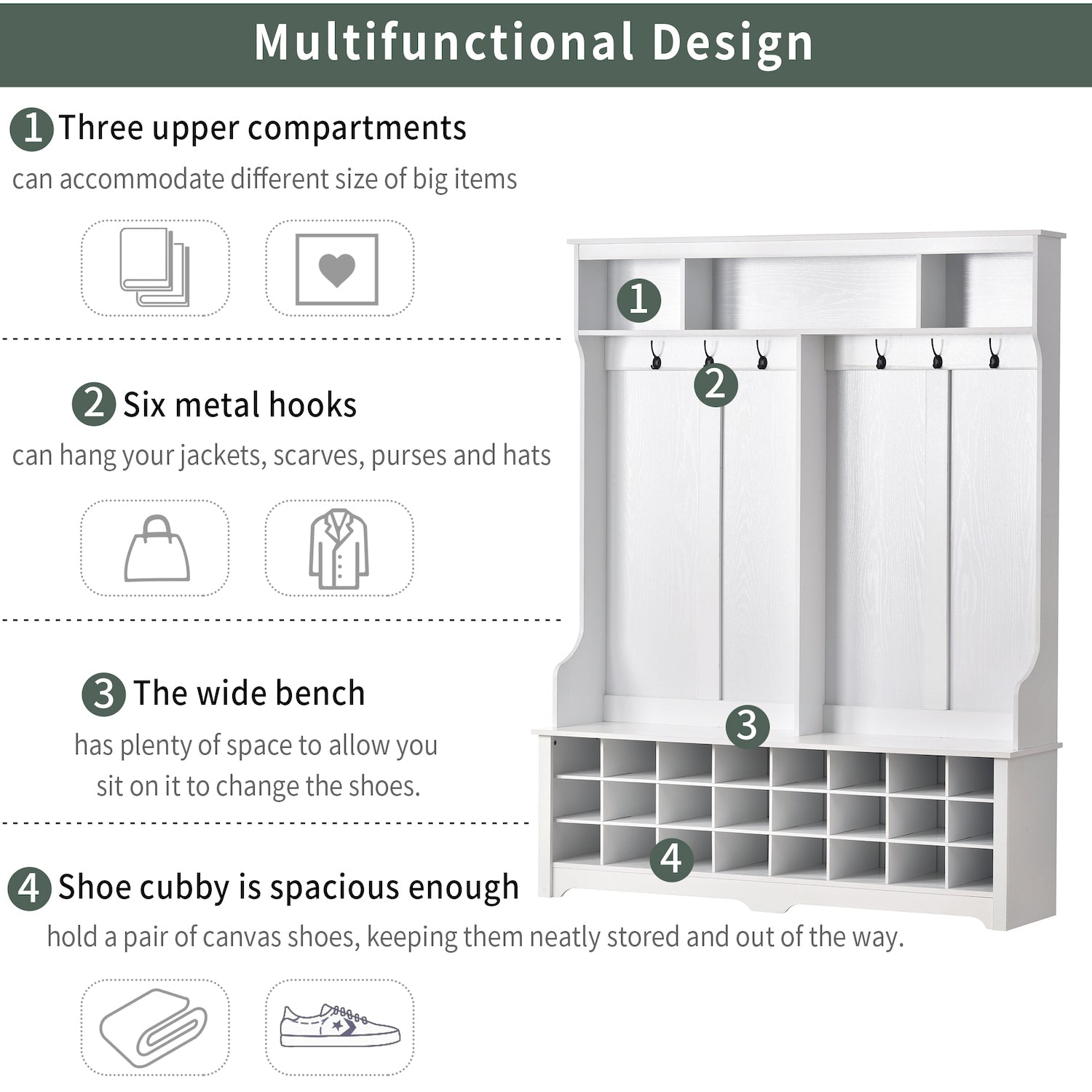 On-Trend Entryway Hall Tree with Coat Hooks & Cubbies - White