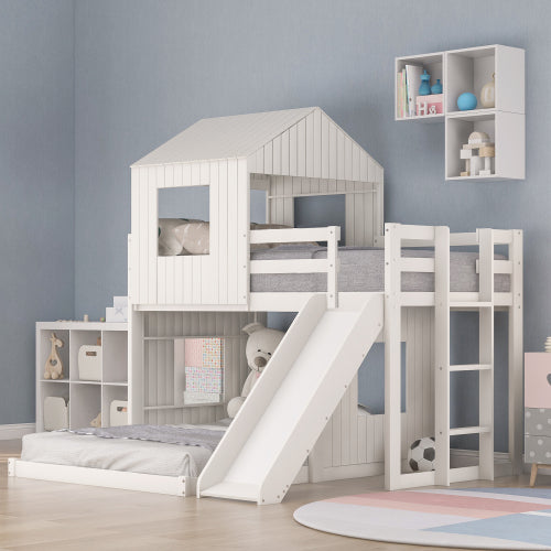 Lucky Furniture Playhouse Twin Over Full Wooden Bunk Bed with Guardrails - White