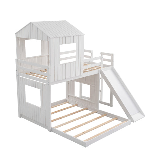 Lucky Furniture Playhouse Twin Over Full Wooden Bunk Bed with Guardrails - White