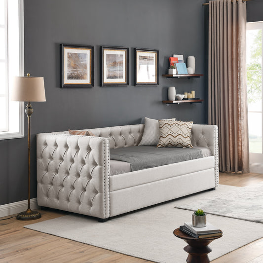 Linda Contemporary Daybed with Copper Nailhead Trim & Trundle - Beige
