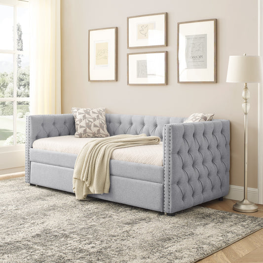 Linda Contemporary Daybed with Copper Nailhead Trim & Trundle - Gray