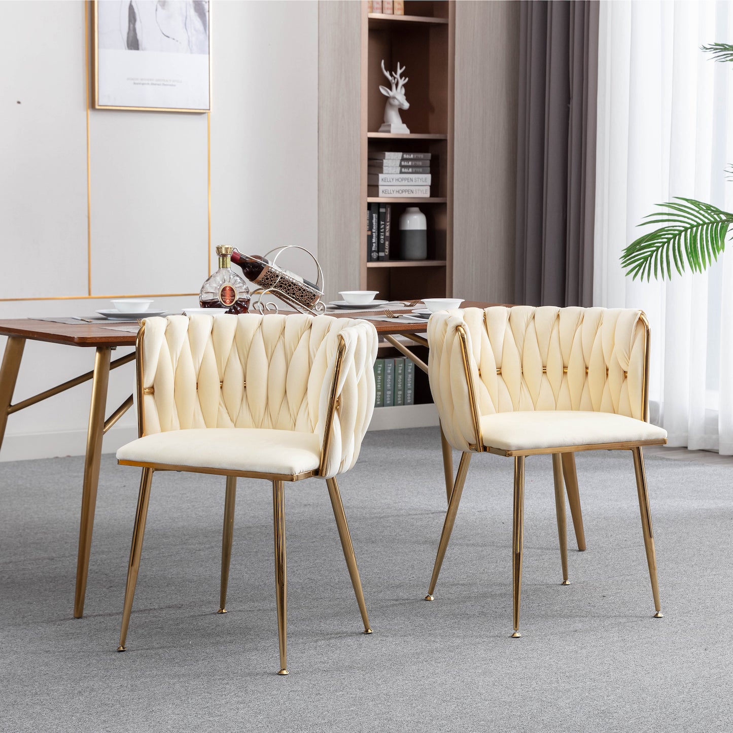 WeeHaa Modern Gold Framed Velvet Dining Chairs Set of 2 - Ivory