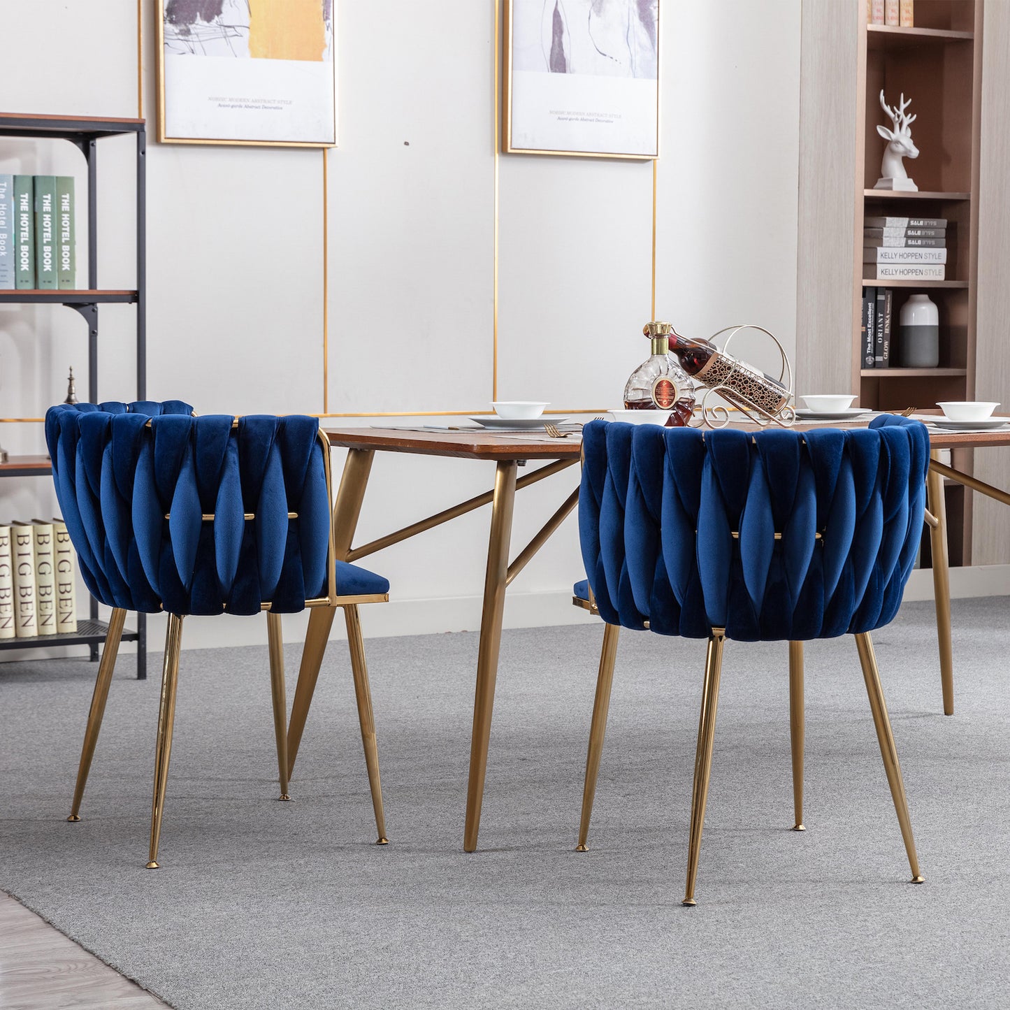 WeeHaa Modern Gold Framed Velvet Dining Chairs Set of 2 - Navy Blue