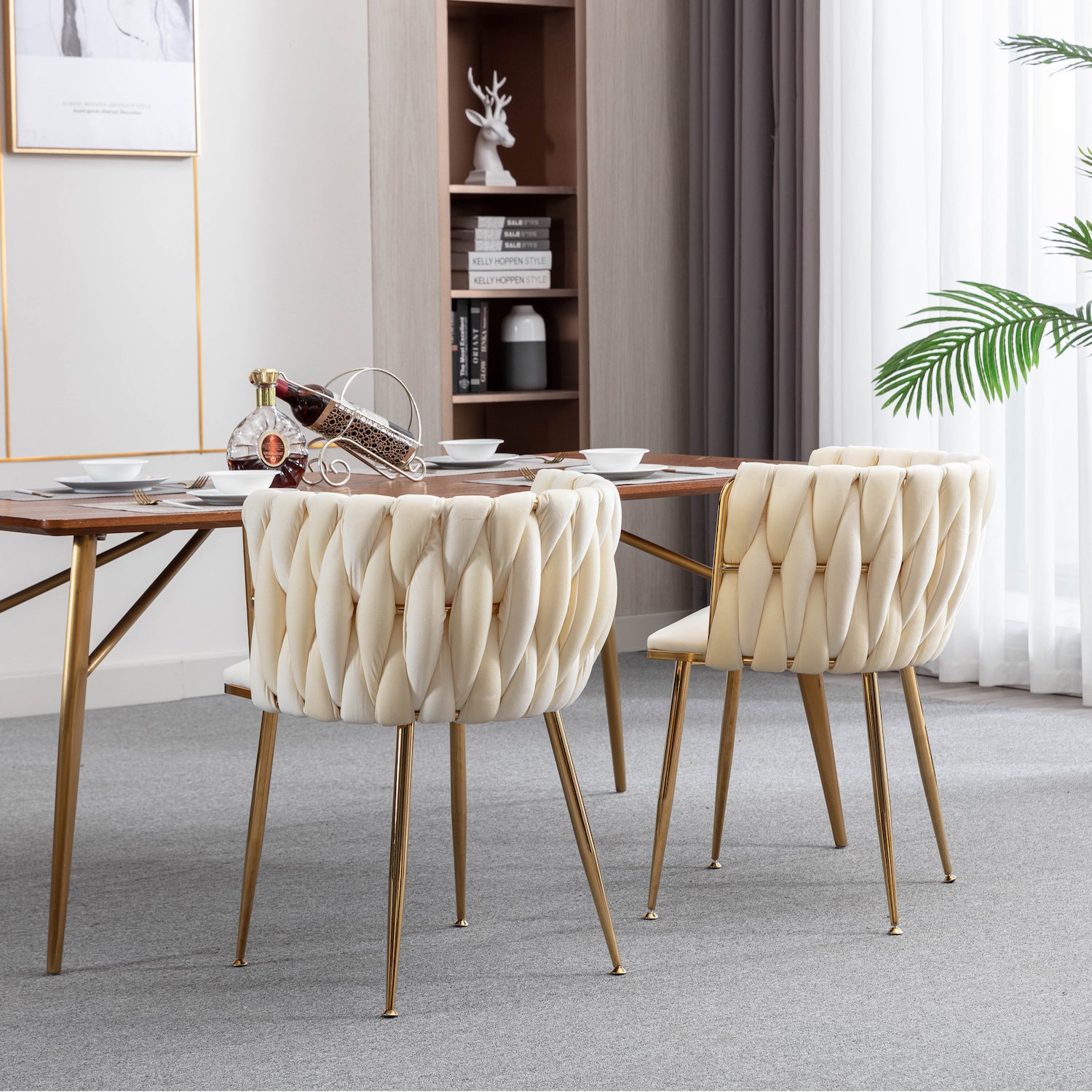 WeeHaa Modern Gold Framed Velvet Dining Chairs Set of 2 - Ivory