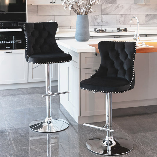 A&A Furniture Velvet Swivel Bar Stools with Silver Base Set of 2 - Black